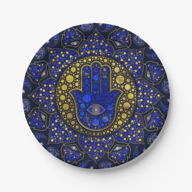Assiettes En Carton Main Hamsa - Main de Fatima Dot Art Lapis Lazuli (Devant)