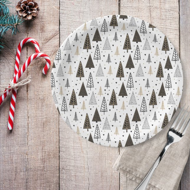 Assiettes En Carton Main moderne tiré noir pins d'or (Créateur téléchargé)