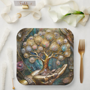Assiettes En Carton Main Robot D'Or Tenant Arbre De Vie D'Or