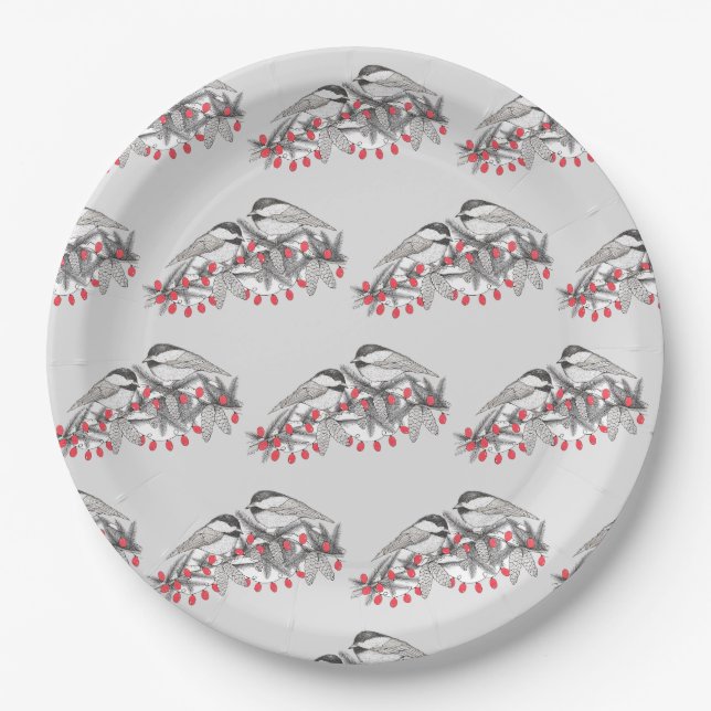 Assiettes En Carton Maine Chickadee Bird hiver Noël Vacances Neige (Devant)