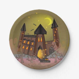 Assiettes En Carton Maison de sorcière d'Halloween effrayante et châte