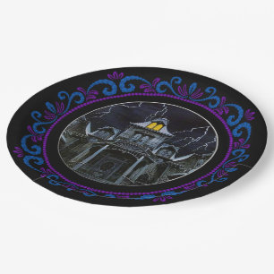 Assiettes En Carton Maison Halloween bleu violet hantée