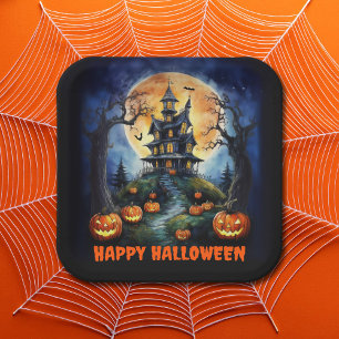 Assiettes En Carton Maison hantée d'Halloween avec parti Citrouille
