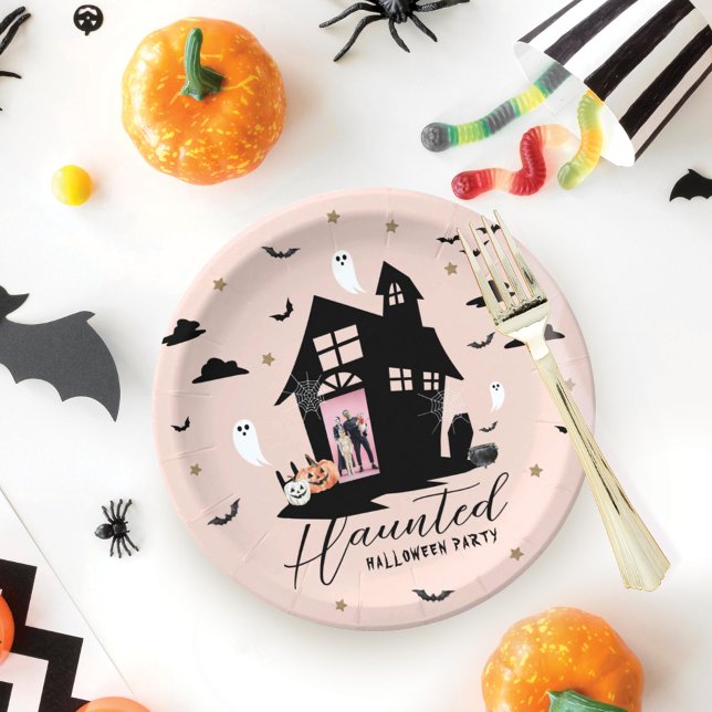 Assiettes En Carton Maison Hantée éffrayante Halloween Party Photo per (Spooky Haunted House Halloween Party Custom Photo Paper Plates)