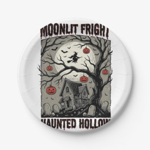 Assiettes En Carton Maison Hantée Halloween Gravure Vintage Lune Shi