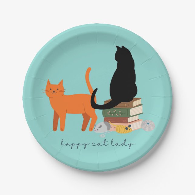 Assiettes En Carton Maîtresse de chat heureuse (Devant)