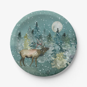 Assiettes En Carton Majestic Elk en Forêt Pleine lune neige vacances