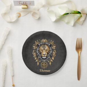 Assiettes En Carton Majestic tête de lion doré avec crinière noire.