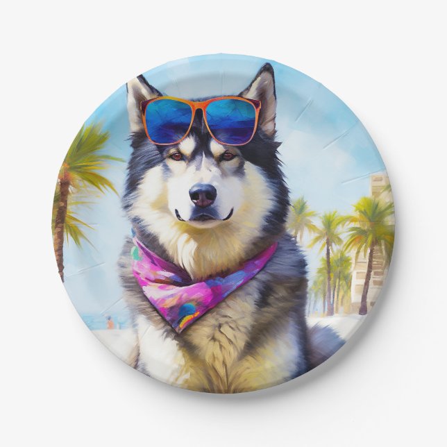 Assiettes En Carton Malamute d'Alaska sur la plage, cadeau d'été (Devant)