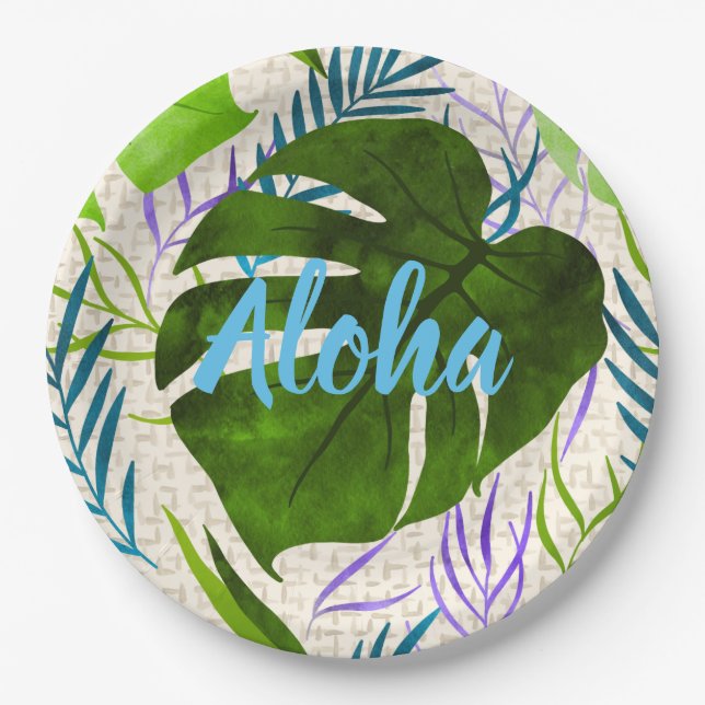 Assiettes En Carton Maleah Monstera Tropical Hawaiian Aquarelle Vert (Devant)