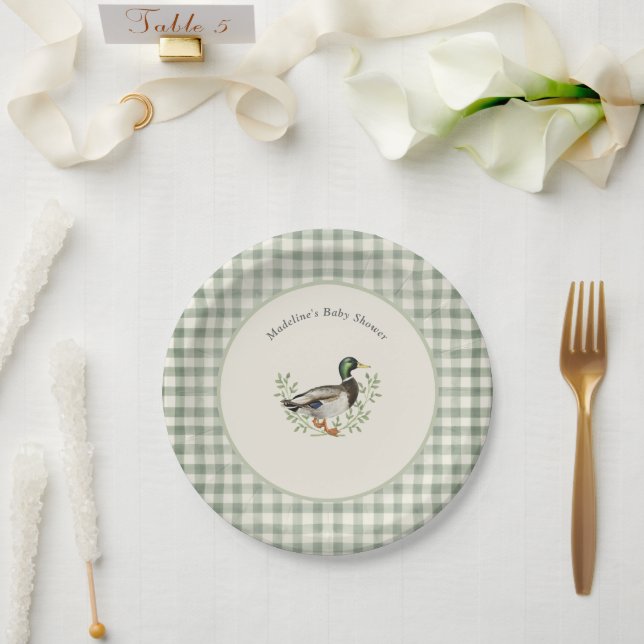 Assiettes En Carton Mallard Duck Sage Green Gingham Baby Shower (Mariage)