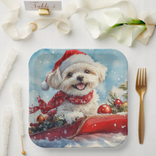 Assiettes En Carton Malti Tzu Chien en Traîneau Qu'il neige Noël