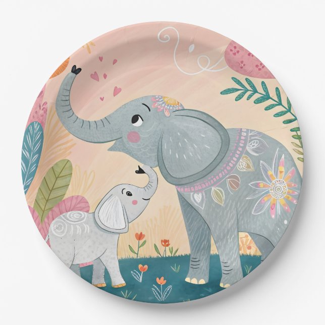 Assiettes En Carton Maman éléphant et bébé (Devant)
