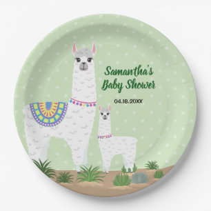 Assiettes En Carton Maman Llama et baby shower vert de point de polka