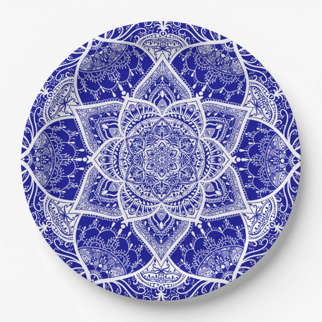 Assiettes En Carton Mandala bleu et blanc - Loergann en Sapphire (Devant)