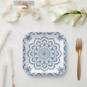 Assiettes En Carton Mandala bleu métallisé élégant