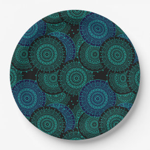 Assiettes En Carton Mandala bleu turquoise ronde sur arrière - plan no