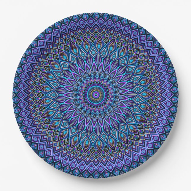 Assiettes En Carton Mandala Boho Bleu Turquoise violet Peacock Vibrant (Devant)