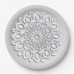 Assiettes En Carton Mandala élégant en papier découpé blanc