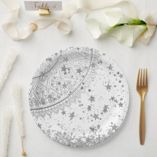 Assiettes En Carton Mandala envoûtant avec des étoiles d'argent sur bl
