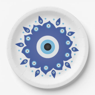 Assiettes En Carton Mandala Grec Mal Oeil Bleu Blanc