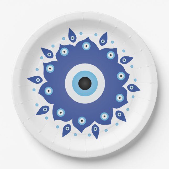 Assiettes En Carton Mandala Grec Mal Oeil Bleu Blanc (Devant)