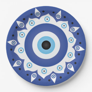 Assiettes En Carton Mandala Grec Mal Oeil Bleu Blanc