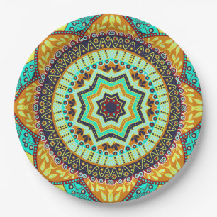 Assiettes En Carton Mandala indienne turquoise