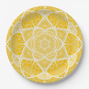 Assiettes En Carton Mandala jaune et blanc - Loergany en Miel