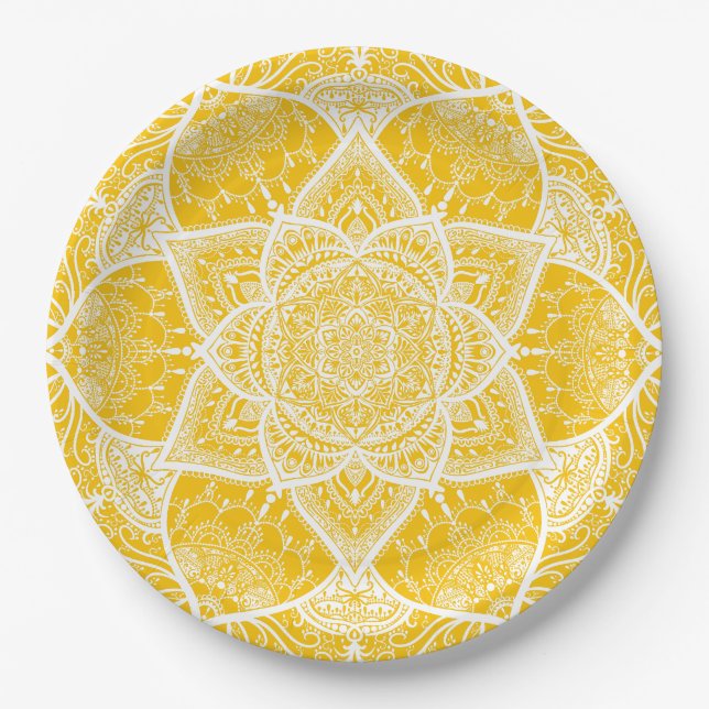 Assiettes En Carton Mandala jaune et blanc - Loergany en Miel (Devant)