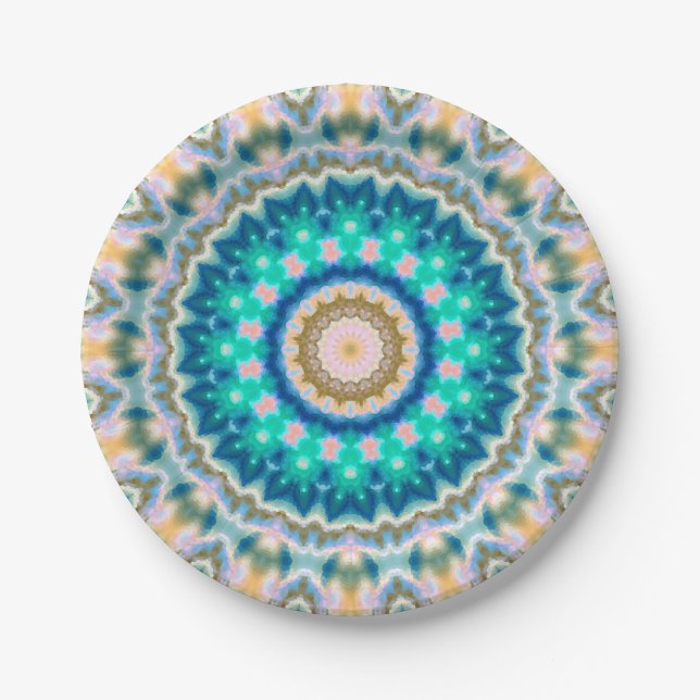 Assiettes En Carton Mandala jaune turquoise (Devant)