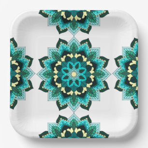 Assiettes En Carton Mandala Motif 2002 en plaque de papier aqua