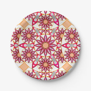 Assiettes En Carton Mandala motif, corail, pêche, blanc et gris
