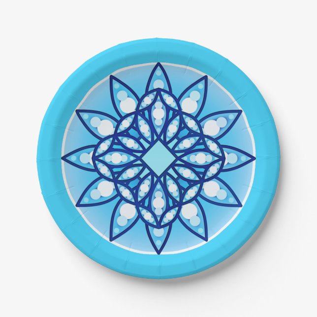 Assiettes En Carton Mandala motif en bleu turquoise, cobalt et blanc (Devant)