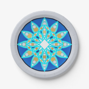 Assiettes En Carton Mandala motif en cobalt, gris et turquoise
