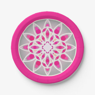 Assiettes En Carton Mandala motif en rose fushia, blanc et gris