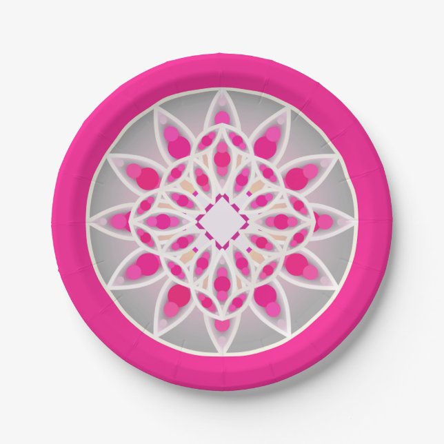 Assiettes En Carton Mandala motif en rose fushia, blanc et gris (Devant)