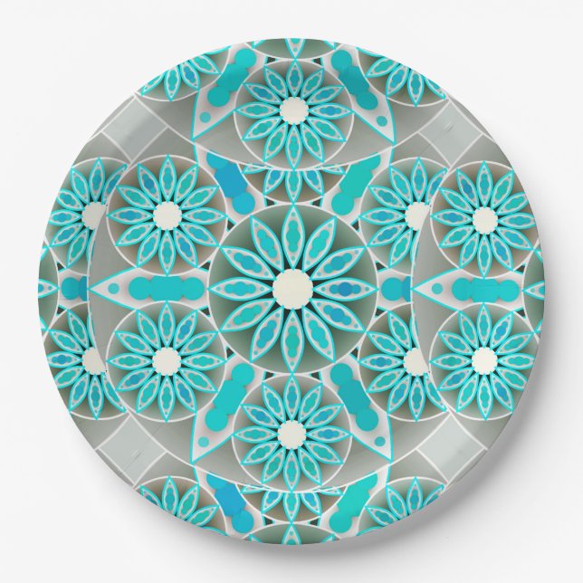 Assiettes En Carton Mandala motif, turquoise, gris argenté et blanc (Devant)