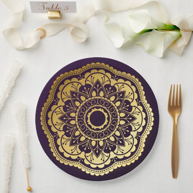 Assiettes En Carton Mandala or et violet (Mariage)