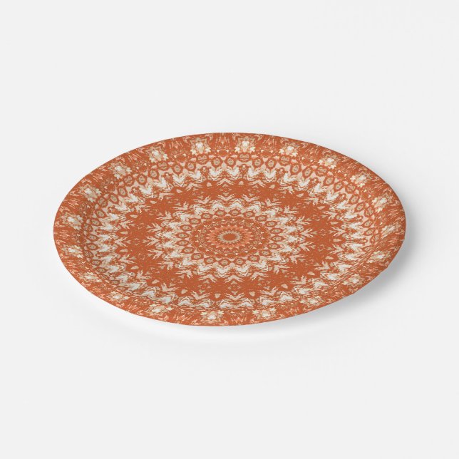 Assiettes En Carton Mandala orange. (Angle)