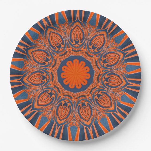 Assiettes En Carton Mandala orange de bleu marine (Devant)