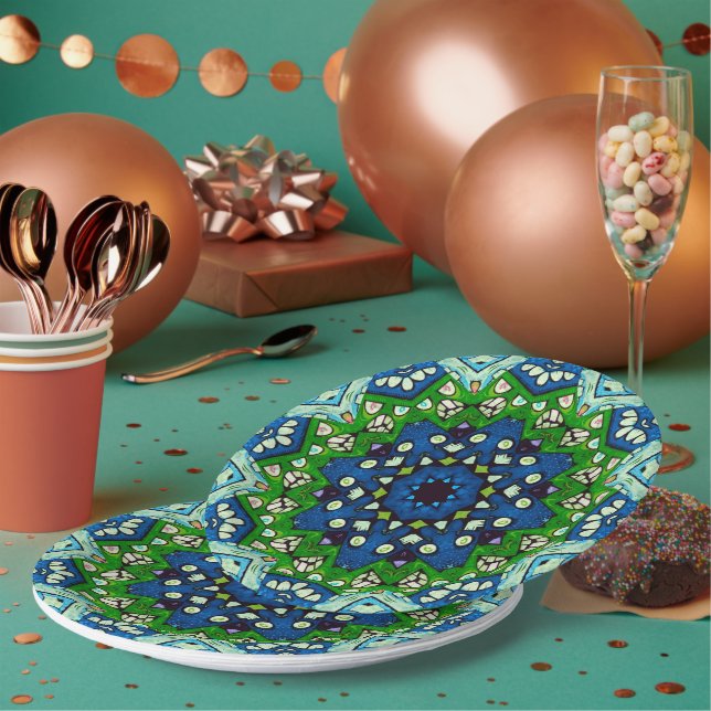 Assiettes En Carton Mandala Retro Mosaic Vert Motif bleu (Multi)