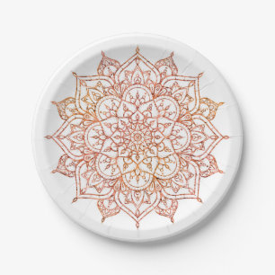 Assiettes En Carton Mandala rose et orange sur fond blanc Glam