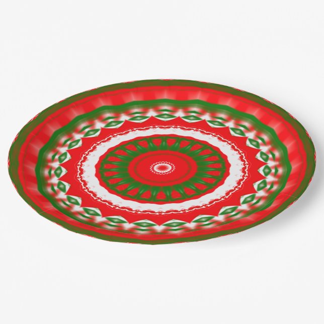 Assiettes En Carton Mandala rouge, blanc et vert (Angle)