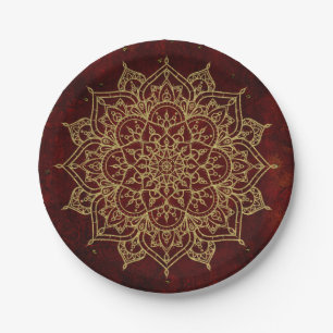 Assiettes En Carton Mandala rouge vin profond et glamour doré moderne 