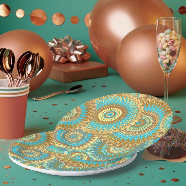 Assiettes En Carton Mandala superposé bleu marron or (Multi)