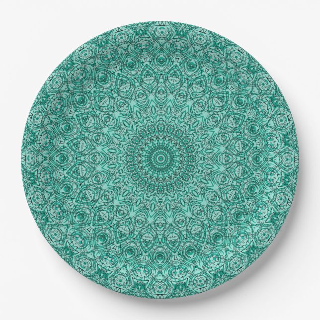 Assiettes En Carton Mandala turquoise avec symétrie complexe (Devant)