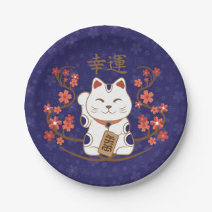 Assiettes En Carton Maneki-neko chat avec un kanji de chance