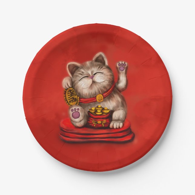 Assiettes En Carton Maneki-neko Chat Beckoning en rouge (Devant)