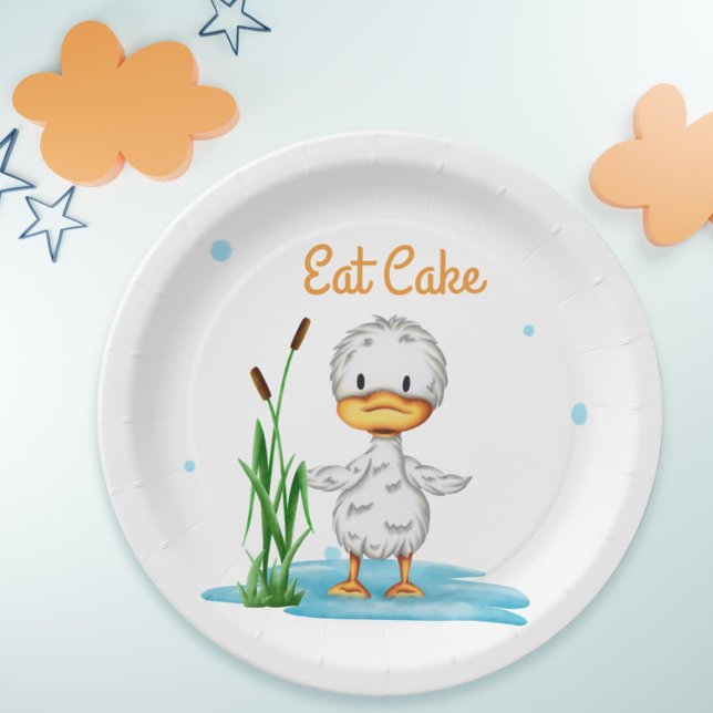 Assiettes En Carton Mange gâteau petit canard baby shower neutre (Simple duck party paper plate for baby showers or birthdays)